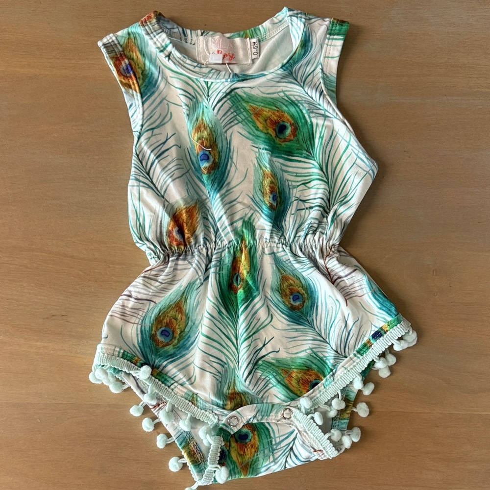 Peacock Feather Print Kids Romper